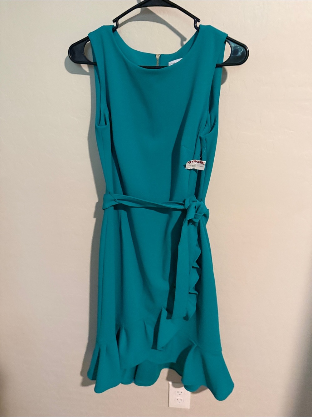 Calvin Klein Teal Sleeveless Tie-Waist Ruffle-Hem Dress